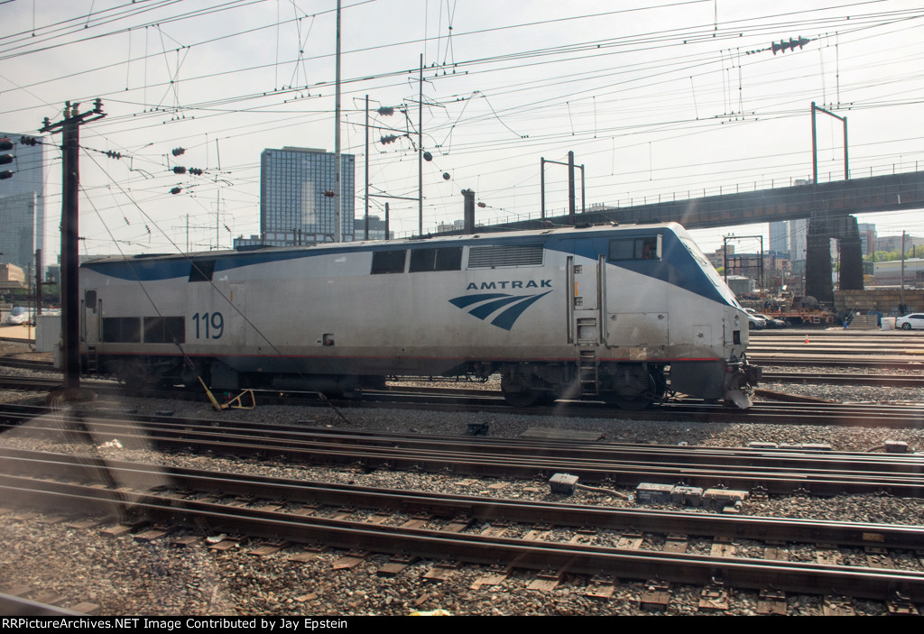 AMTK 119 makes a move at 30th Street Station